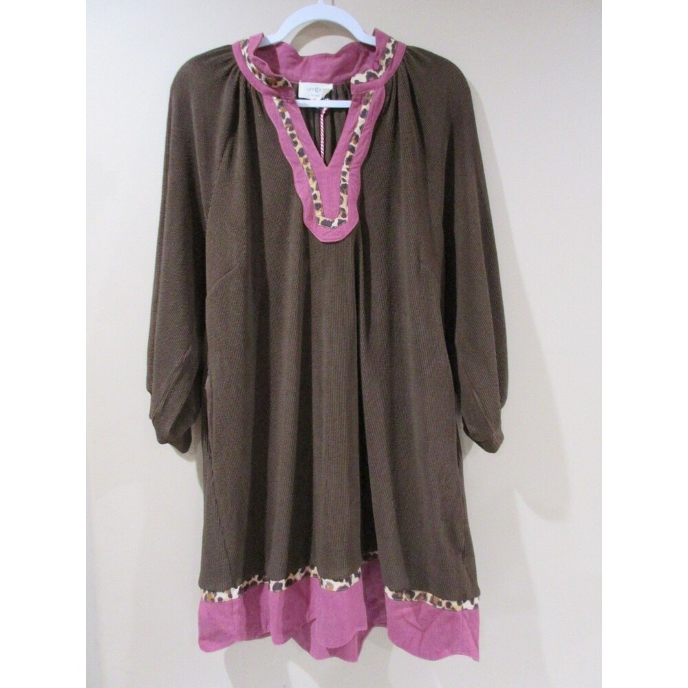 NWT UMGEE A-Line Sweater Dress Women Lg Brown Leopard Trim Pockets MSRP 68.00
